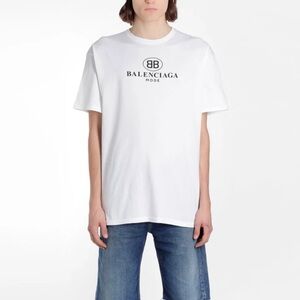 BALENCIAGA Men’s Logo White Cotton Short Sleeve Shirt
